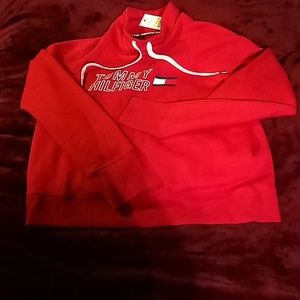 women's Red fleece long sleeve sweat shirt tall collar w/pull strap medium new